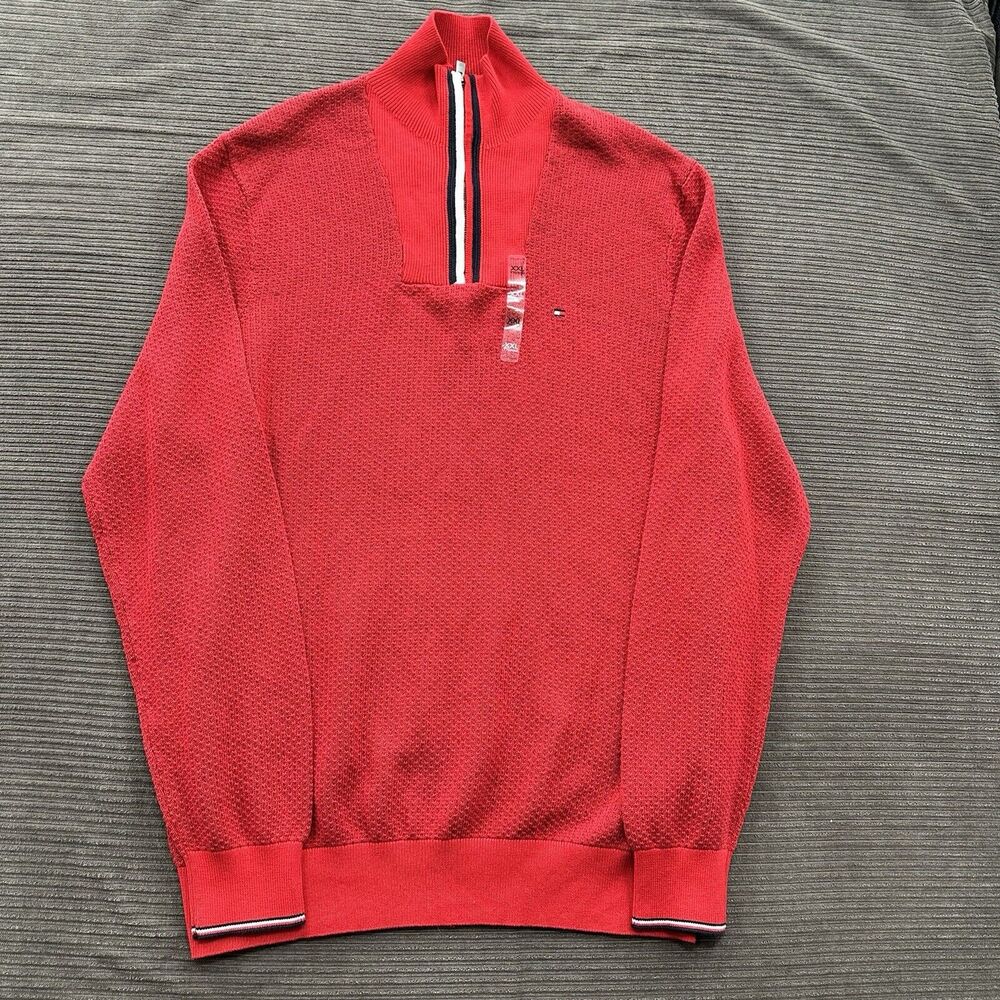 Tommy Hilfiger Quarter Zip Sweater Men 2XL Red Cotton Long Sleeve Preppy.